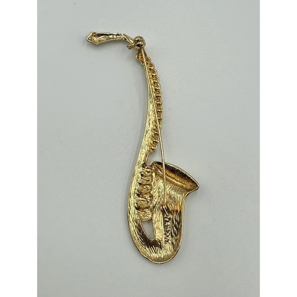 Vintage Saxophone Brooch Gold Tone Rhinestone Music Instrument Pin